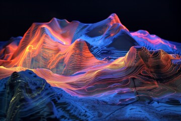 a colorful illuminated miniature topographical map of a mountain environment - obrazy, fototapety, plakaty