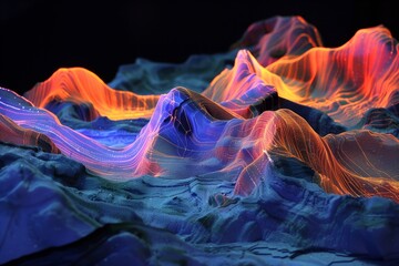 a colorful illuminated miniature topographical map of a mountain environment