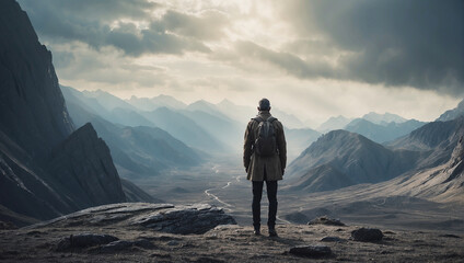 Cinematic photo of a surreal men walking on a futuristic landscape with big mountains