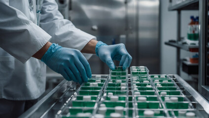 Hands with sanitary gloves ensuring the quality of medical vials on a sophisticated pharmaceutical production line.