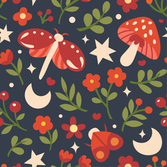 Autumn cute seamless pattern with mushrooms and botanical elements.