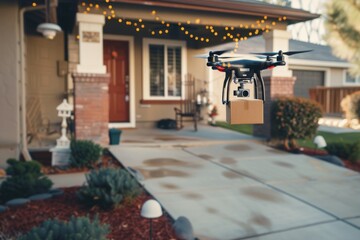 Smart package Drone Delivery shipment. Box shipping mobility service parcel smartwatches transportation. Logistic tech drone delivery speed mobility clean transportation