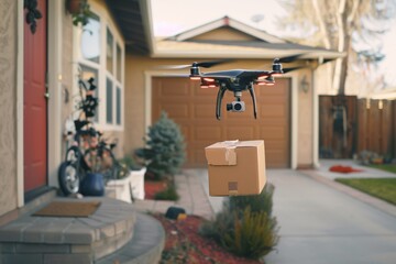 Fototapeta na wymiar Smart package Drone Delivery iov. Box shipping urbanization public spaces parcel eco friendly delivery transportation. Logistic tech neural networks mobility ai startups