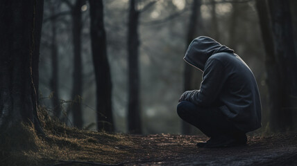lonely person squatting due depression and sadness - obrazy, fototapety, plakaty