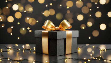 Black gift box with golden bow on black background