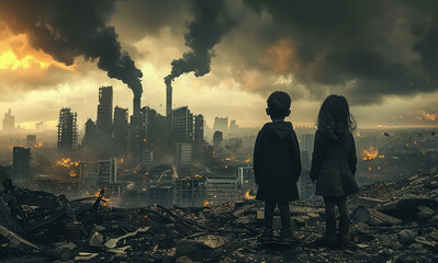small kids standing in city destroyed by war, children in town demolished by earthquake, people and ruined buildings