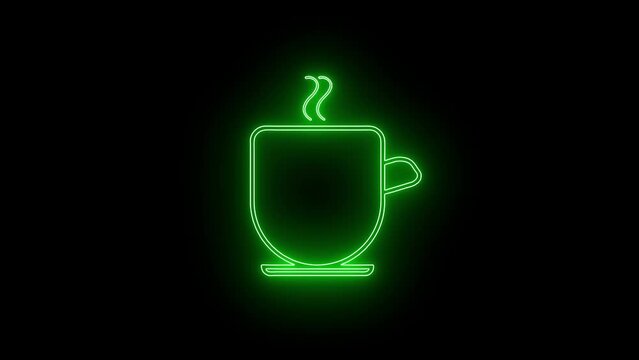 Neon green coffee cup icon animated on a dark background.