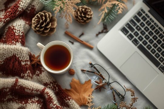 A top view image encapsulates the essence of working from home, showcasing a laptop with a cozy blanket, pinecones, spices, glasses and a cup of coffee on grey isolated backdrop, offers copyspace