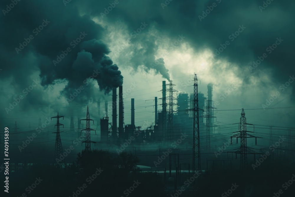 Aufkleber smoke billows from the stacks of multiple industrial buildings, creating a dense and hazy atmosphere