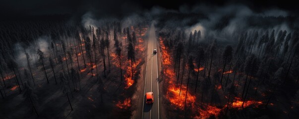 Hot summer weather with extreme fire in forests, aerial view over car road, banner. Generative Ai. - obrazy, fototapety, plakaty