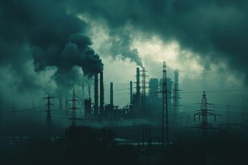 Smoke billows from the stacks of multiple industrial buildings, creating a dense and hazy atmosphere, Grotesque silhouette of industrial pipelines during a thunderstorm, AI Generated - obrazy, fototapety, plakaty