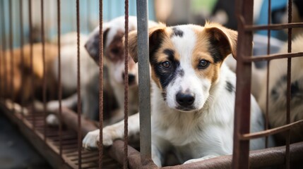 Dogs are looking through bars from a cage - obrazy, fototapety, plakaty