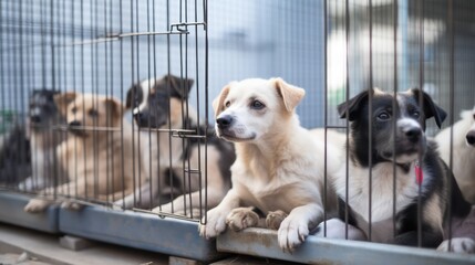 rescued stray dogs in the shelter - obrazy, fototapety, plakaty
