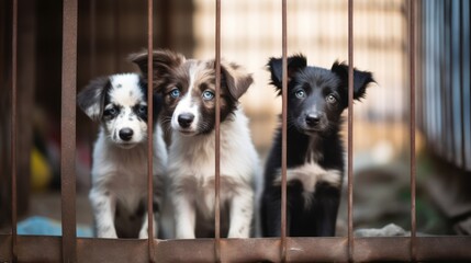 three puppies in cages looking out across the room in the style of environmental awareness - obrazy, fototapety, plakaty