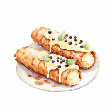 Italian traditional cannoli dessert slice dish. Watercolor hand painted illustration isolated on white background for menu design, print, social media.