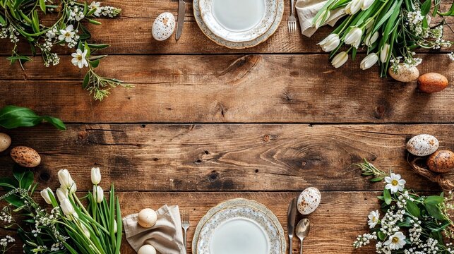 Easter table setting, easter eggs and flowers decoration on wooden background, top view