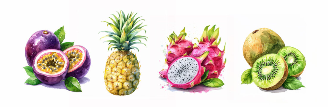Watercolor exotic kiwi, pinapple, dragon and passion fruits with leaves botanical clip art  Watercolor illustration isolated on white background for menu design, print, social media