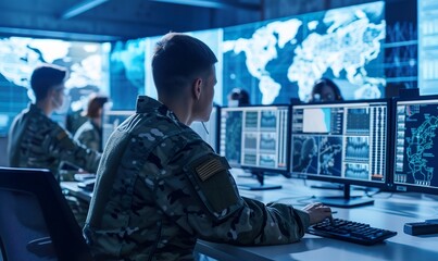 military operator monitoring battle information in control room with screens and displays, future army and security concept - obrazy, fototapety, plakaty