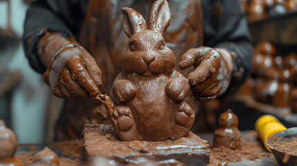 A skilled craftsman modeling and sculpting a chocolate bunny figure in his workshop
