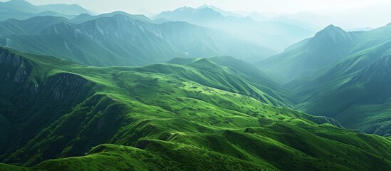 Serene mountain range with lush green hills under a clear blue sky landscape - Powered by Adobe