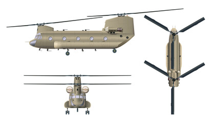 Military transport helicopter. Isolated 3D drawing of armed copter. Top, front and side views. Industrial blueprint of war force aviation. USA army cargo vehicle © shaineast