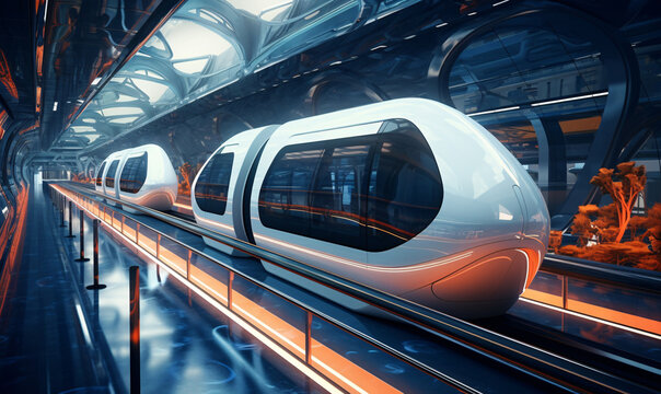 A futuristic train cabin levitates through a tunnel. A hyperloop capsule with a fully self-driving system.