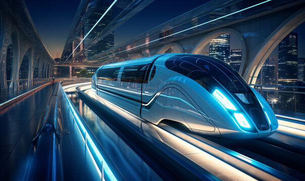 A futuristic high-speed train travels through the city at high speed.