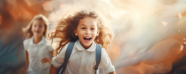 Excited kids with backpacks for first day of school School education concept. Concept First Day of School, Kids with Backpacks, School Education, Back to School, Excitement - obrazy, fototapety, plakaty