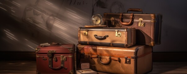 A collection of vintage suitcases set with a clock
