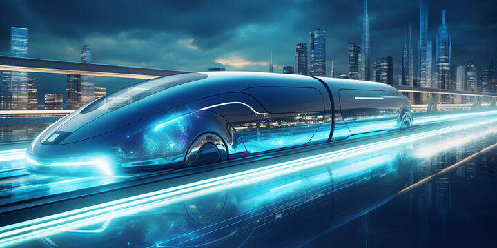 The image shows a futuristic express train moving at high speed through a tunnel. The train is housed in a capsule that floats above the tracks using magnetic levitation. 