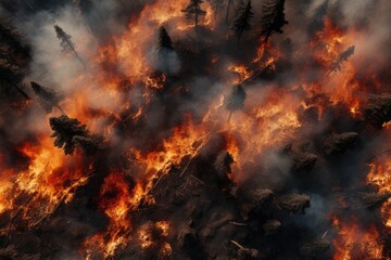 Hot summer weather with extreme fire in forests, aerial view over car road Generative Ai. - obrazy, fototapety, plakaty