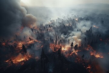 Fototapeta na wymiar Hot summer weather with extreme fire in forests, aerial view over car road Generative Ai.