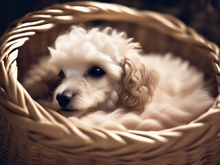 A cute, fluffy white poodle puppy lies in a wicker basket. - obrazy, fototapety, plakaty