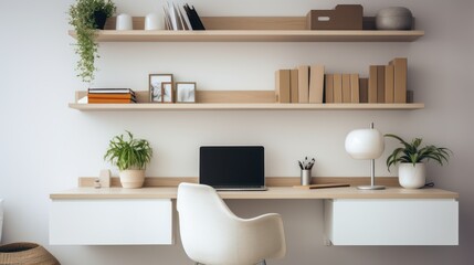 A white home office with bookshelves and a desk and chair