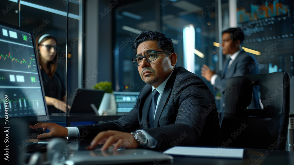 Poster a professional in a suit is working at a desk with multiple computer monitors displaying graphs and 