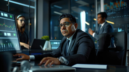 A professional in a suit is working at a desk with multiple computer monitors displaying graphs and analytical data in a modern corporate office setting.