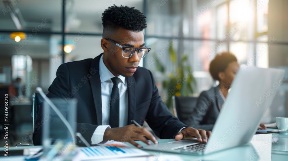 Poster a professional in a suit is working at a desk with multiple computer monitors displaying graphs and 