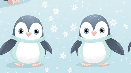 pastel cute penguins pattern, winter background, cartoon texture.