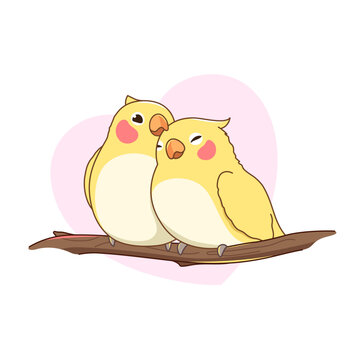 A pair of corella parrots sitting on a tree branch and hugging on a heart background. Cute birds illustration, cartoon style drawing