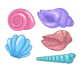 Seashells and conches, set of cartoon style vector illustrations. Sea, marine, beach drawing