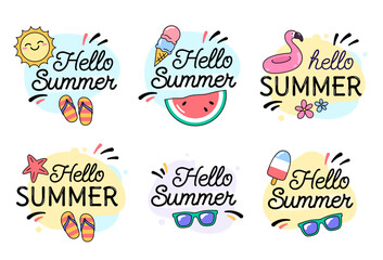 Summer badges, stickers, emblems. Hello summer, holiday, vacation, beach hand drawn illustrations, objects. © cmeree