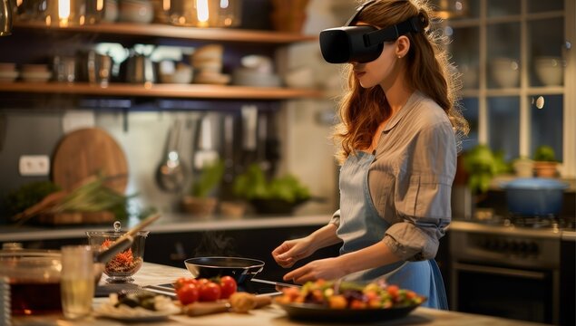 Young woman wearing virtual reality goggles while cooking in the kitchen at home - Powered by Adobe