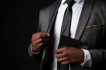 Professional black man puts his platinum credit card into his pocket in a studio. Generative AI