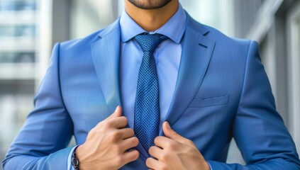 Close up of a businessman buttoning his blue suit jacket in the office - Powered by Adobe