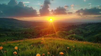 panorama of romania countryside at sunset in evening light. wonderful springtime landscape in mountains. - obrazy, fototapety, plakaty