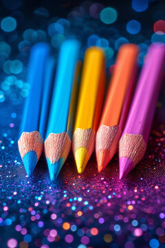A vibrant arrangement of neon-colored pencils set against a dark, luxurious background for a bold contrast,