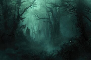 A single person stands alone in the midst of a dense, shadowy forest, Halloween mystery in a dense forest with hidden ghostly figures, AI Generated - obrazy, fototapety, plakaty