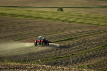 Farming tractor Efficiently spraying crops in a field Symbolizing modern agricultural practices
