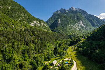Alpine landscape in Slovenia SOca Valley at summer, aerial drone view - 740919679