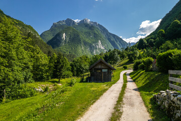 Fototapeta na wymiar Alpine landscape in Slovenia SOca Valley at summer, aerial drone view